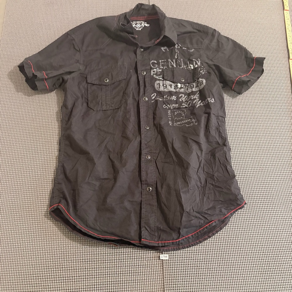 Arizona Jean Company Mens Black Graphic Snap Front Short Sleeve Shirt Size M